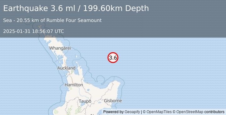 Earthquake OFF E. COAST OF N. ISLAND, N.Z. (3.6 ml) (2025-01-31 18:56:07 UTC)