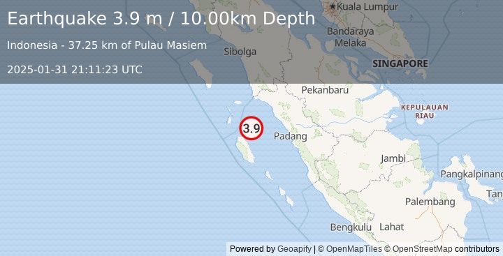 Earthquake SOUTHERN SUMATRA, INDONESIA (3.9 m) (2025-01-31 21:11:23 UTC)