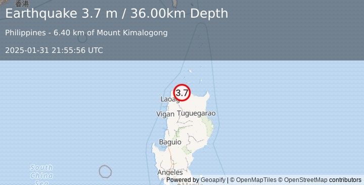 Earthquake LUZON, PHILIPPINES (3.7 m) (2025-01-31 21:55:56 UTC)