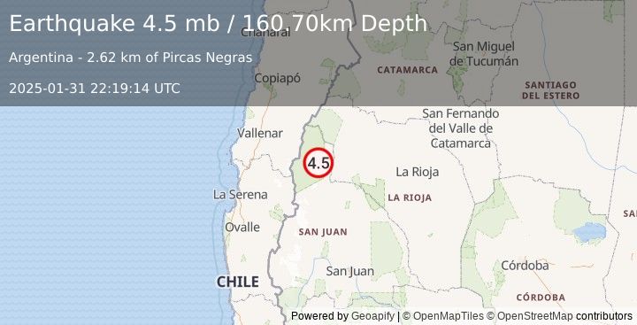 Earthquake SAN JUAN, ARGENTINA (4.5 mb) (2025-01-31 22:19:14 UTC)