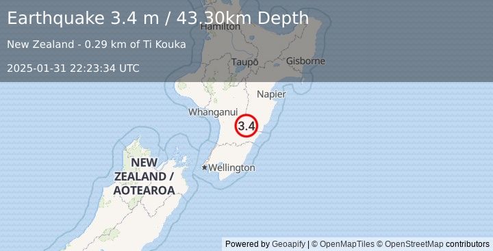 Earthquake NORTH ISLAND OF NEW ZEALAND (3.4 m) (2025-01-31 22:23:34 UTC)