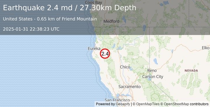 Earthquake NORTHERN CALIFORNIA (2.4 md) (2025-01-31 22:38:23 UTC)