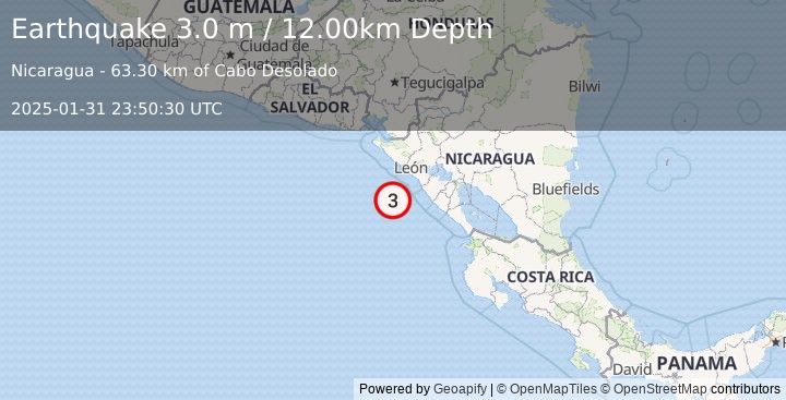 Earthquake NEAR COAST OF NICARAGUA (3.0 m) (2025-01-31 23:50:30 UTC)