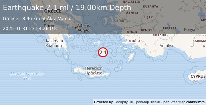 Earthquake DODECANESE ISLANDS, GREECE (2.1 ml) (2025-01-31 23:54:26 UTC)