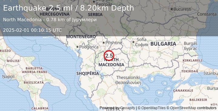 Earthquake REPUBLIC OF NORTH MACEDONIA (2.5 ml) (2025-02-01 00:10:15 UTC)