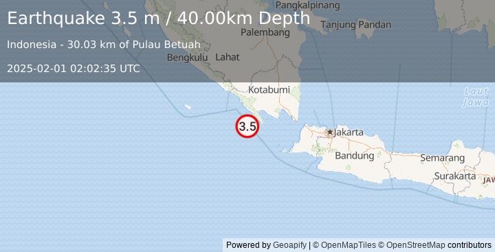 Earthquake SOUTHERN SUMATRA, INDONESIA (3.5 m) (2025-02-01 02:02:35 UTC)