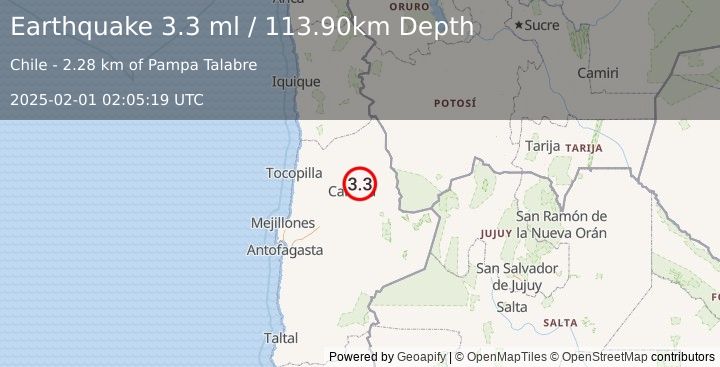 Earthquake ANTOFAGASTA, CHILE (3.3 ml) (2025-02-01 02:05:19 UTC)