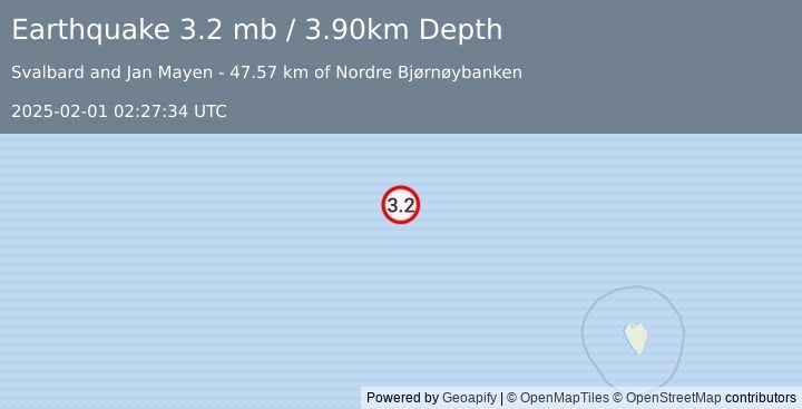 Earthquake SVALBARD REGION (3.2 mb) (2025-02-01 02:27:34 UTC)