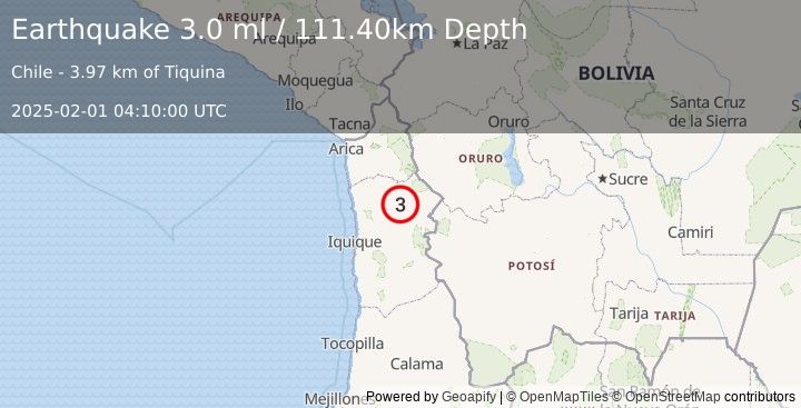 Earthquake TARAPACA, CHILE (3.0 ml) (2025-02-01 04:10:00 UTC)