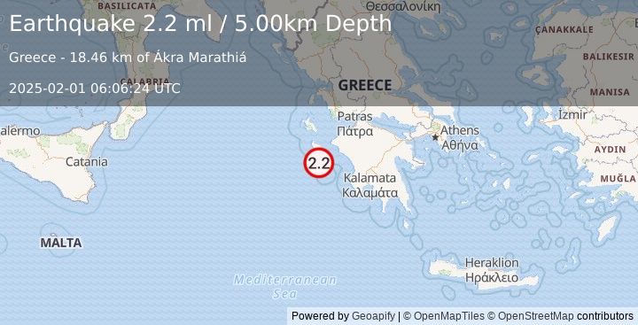 Earthquake IONIAN SEA (2.2 ml) (2025-02-01 06:06:24 UTC)