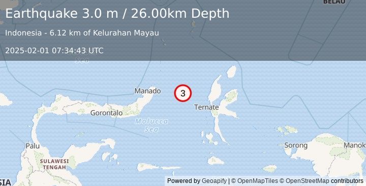 Earthquake MOLUCCA SEA (3.0 m) (2025-02-01 07:34:43 UTC)