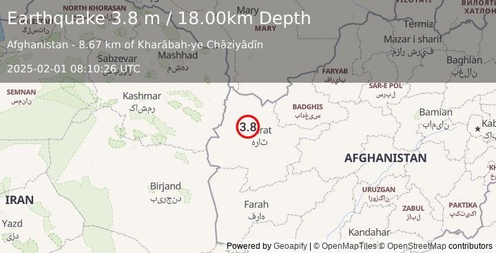 Earthquake WESTERN AFGHANISTAN (3.8 m) (2025-02-01 08:10:26 UTC)