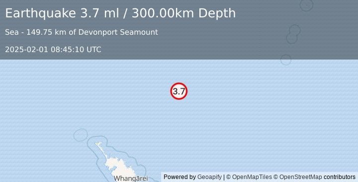 Earthquake NORTH OF NEW ZEALAND (3.7 ml) (2025-02-01 08:45:10 UTC)