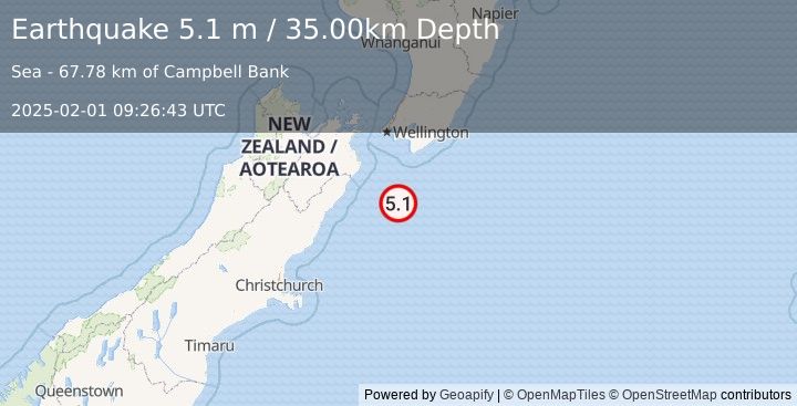 Earthquake OFF E. COAST OF S. ISLAND, N.Z. (5.1 m) (2025-02-01 09:26:43 UTC)