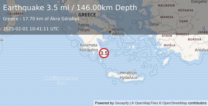 Earthquake SOUTHERN GREECE (3.5 ml) (2025-02-01 10:41:11 UTC)