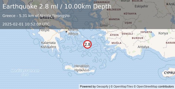 Earthquake DODECANESE ISLANDS, GREECE (2.8 ml) (2025-02-01 10:52:08 UTC)