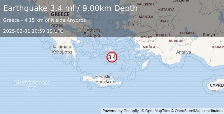 Earthquake DODECANESE ISLANDS, GREECE (3.4 ml) (2025-02-01 10:59:19 UTC)