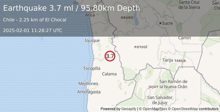 Earthquake TARAPACA, CHILE (3.7 ml) (2025-02-01 11:28:27 UTC)