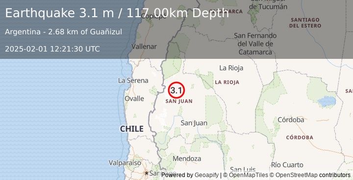 Earthquake SAN JUAN, ARGENTINA (3.1 m) (2025-02-01 12:21:30 UTC)