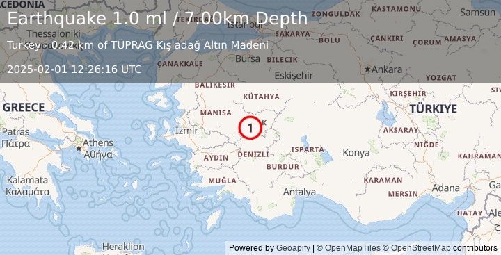 Earthquake WESTERN TURKEY (1.0 ml) (2025-02-01 12:26:16 UTC)