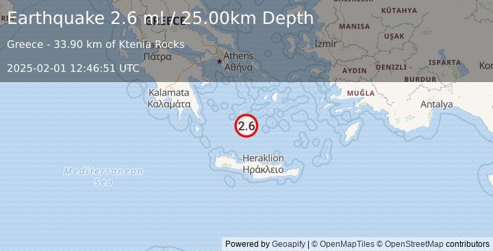 Earthquake SOUTHERN GREECE (2.6 ml) (2025-02-01 12:46:51 UTC)