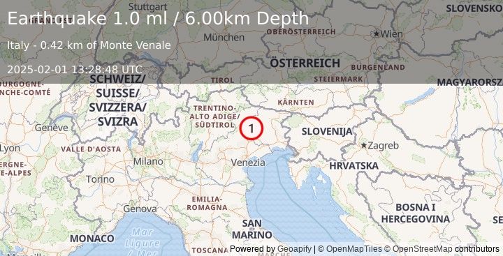 Earthquake NORTHERN ITALY (1.0 ml) (2025-02-01 13:28:48 UTC)