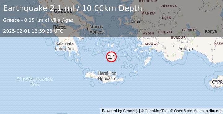 Earthquake DODECANESE ISLANDS, GREECE (2.1 ml) (2025-02-01 13:59:23 UTC)