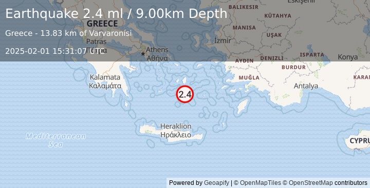 Earthquake DODECANESE ISLANDS, GREECE (2.4 ml) (2025-02-01 15:31:07 UTC)