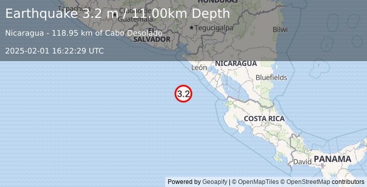 Earthquake NEAR COAST OF NICARAGUA (3.2 m) (2025-02-01 16:22:29 UTC)