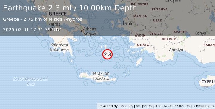 Earthquake DODECANESE ISLANDS, GREECE (2.3 ml) (2025-02-01 17:31:39 UTC)