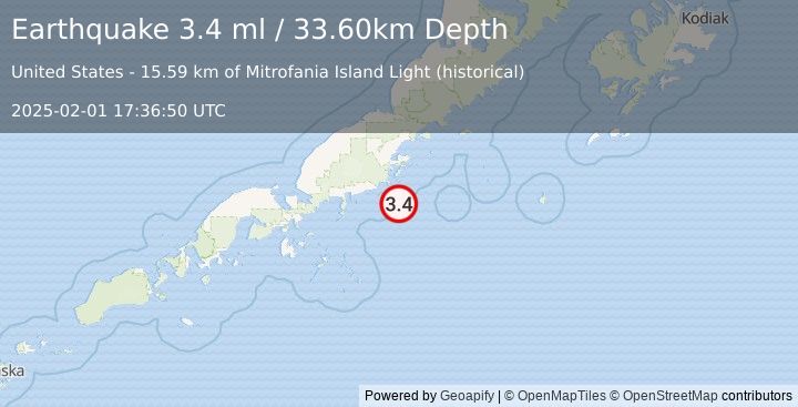 Earthquake ALASKA PENINSULA (3.4 ml) (2025-02-01 17:36:50 UTC)