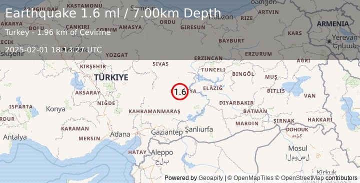 Earthquake CENTRAL TURKEY (1.6 ml) (2025-02-01 18:13:27 UTC)