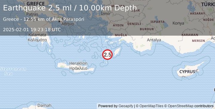 Earthquake DODECANESE IS.-TURKEY BORDER REG (2.5 ml) (2025-02-01 19:23:18 UTC)