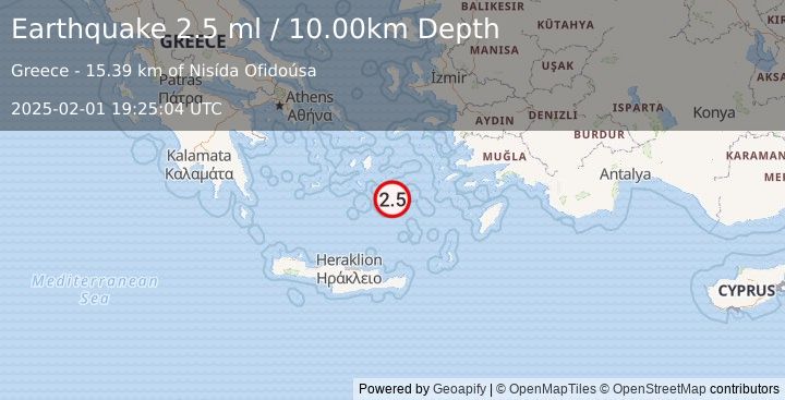 Earthquake DODECANESE ISLANDS, GREECE (2.5 ml) (2025-02-01 19:25:04 UTC)