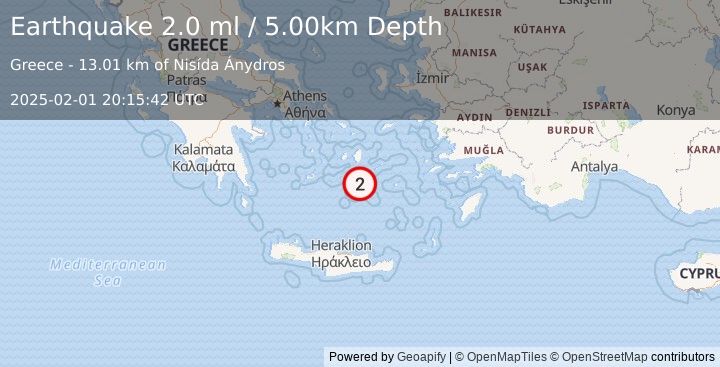 Earthquake DODECANESE ISLANDS, GREECE (2.0 ml) (2025-02-01 20:15:42 UTC)