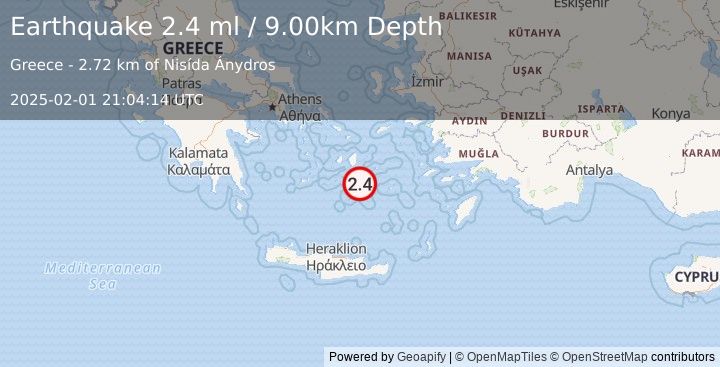 Earthquake DODECANESE ISLANDS, GREECE (2.4 ml) (2025-02-01 21:04:14 UTC)