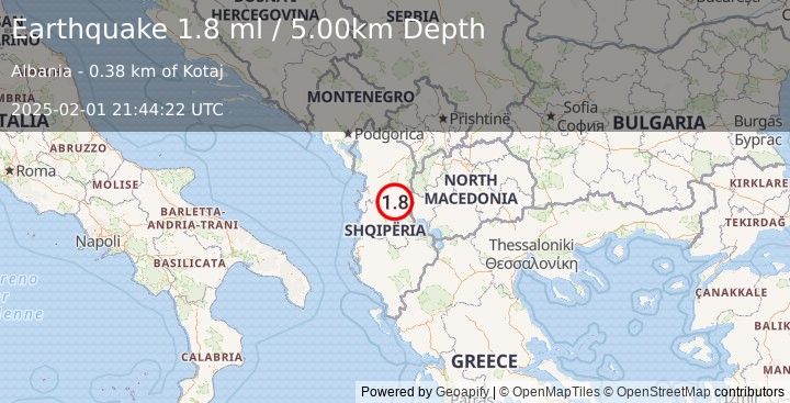 Earthquake ALBANIA (1.8 ml) (2025-02-01 21:44:22 UTC)