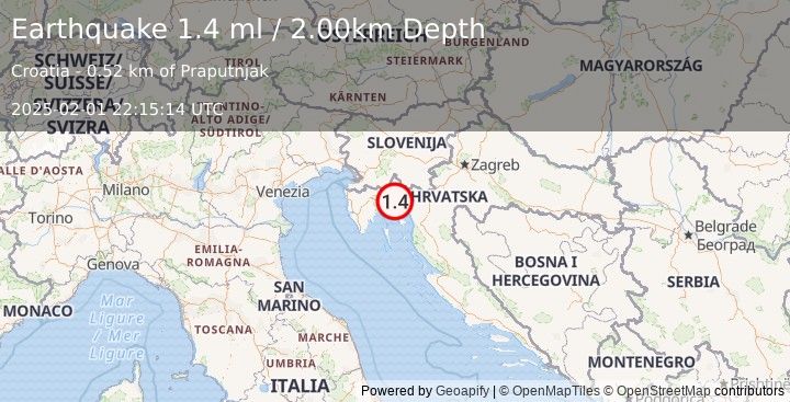 Earthquake CROATIA (1.4 ml) (2025-02-01 22:15:14 UTC)