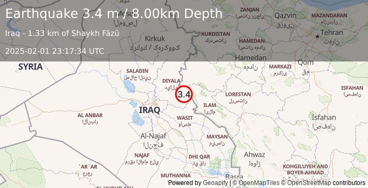 Earthquake IRAN-IRAQ BORDER REGION (3.4 m) (2025-02-01 23:17:34 UTC)