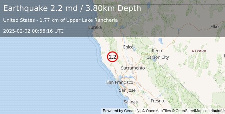 Earthquake NORTHERN CALIFORNIA (2.2 md) (2025-02-02 00:56:16 UTC)