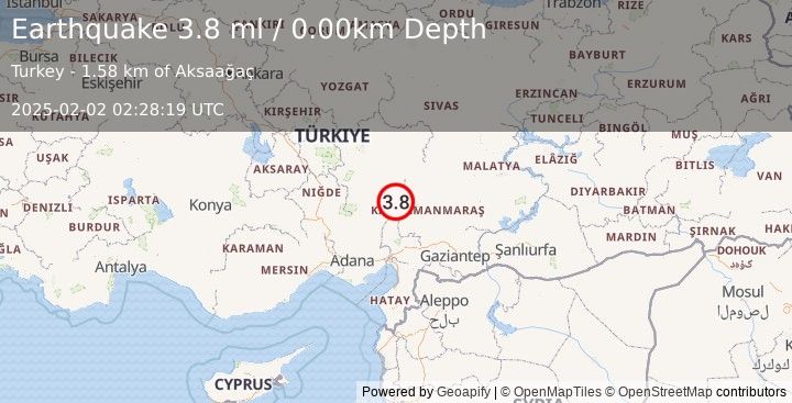 Earthquake CENTRAL TURKEY (3.8 ml) (2025-02-02 02:28:19 UTC)