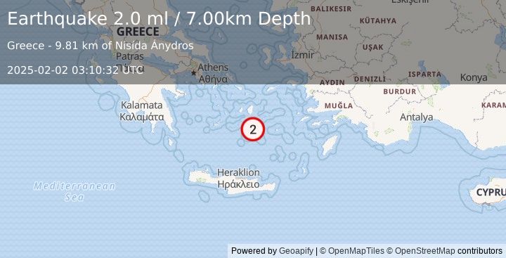 Earthquake DODECANESE ISLANDS, GREECE (2.0 ml) (2025-02-02 03:10:32 UTC)