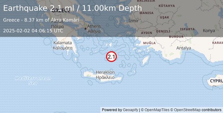 Earthquake DODECANESE ISLANDS, GREECE (2.1 ml) (2025-02-02 04:06:15 UTC)