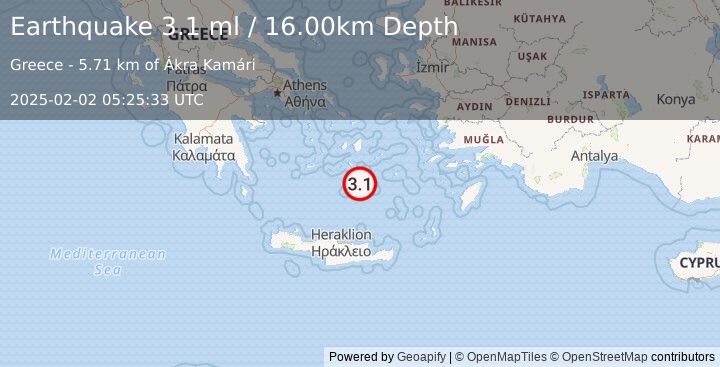 Earthquake DODECANESE ISLANDS, GREECE (3.1 ml) (2025-02-02 05:25:33 UTC)