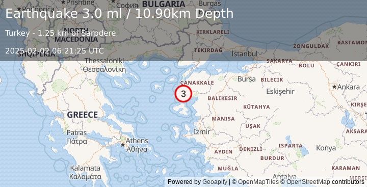 Earthquake NEAR THE COAST OF WESTERN TURKEY (2.5 ml) (2025-02-02 06:21:26 UTC)