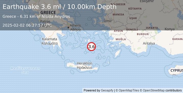 Earthquake DODECANESE ISLANDS, GREECE (3.6 ml) (2025-02-02 06:27:57 UTC)