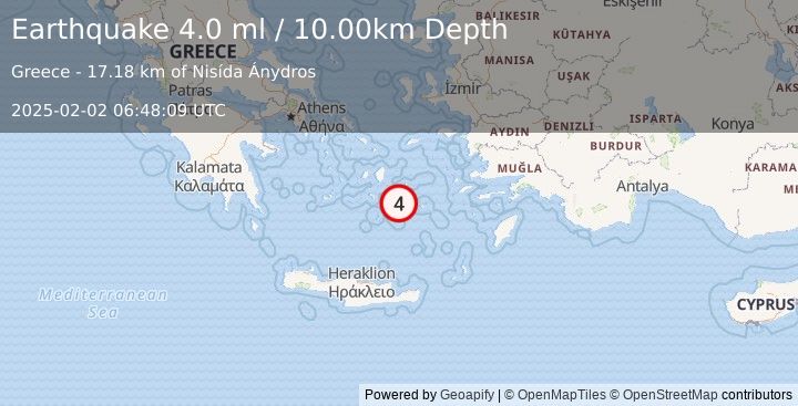 Earthquake DODECANESE ISLANDS, GREECE (4.1 ml) (2025-02-02 06:48:08 UTC)