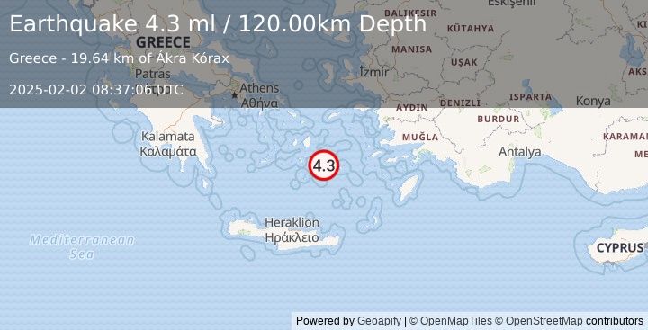 Earthquake DODECANESE ISLANDS, GREECE (4.1 ml) (2025-02-02 08:37:04 UTC)