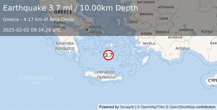 Earthquake DODECANESE ISLANDS, GREECE (3.7 ml) (2025-02-02 09:34:28 UTC)