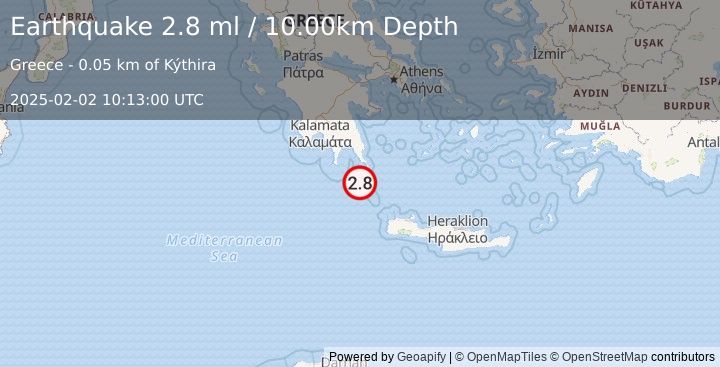 Earthquake SOUTHERN GREECE (2.8 ml) (2025-02-02 10:13:00 UTC)